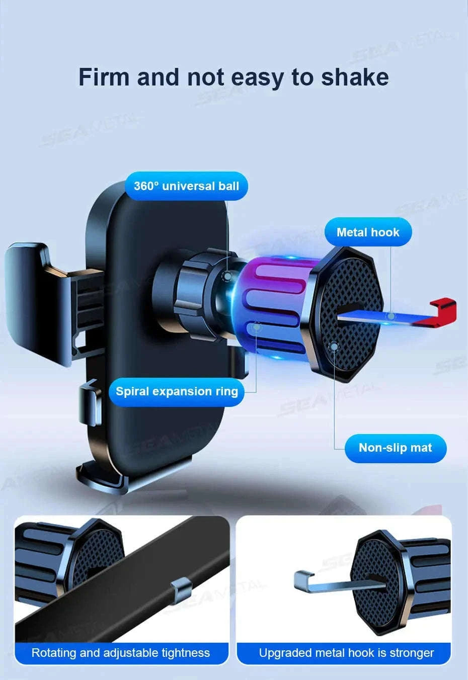 Car Air Vent Phone Holder 360-Degree Rotation Stable Phone Mount for 4.7-7.2in Smartphones-Long
