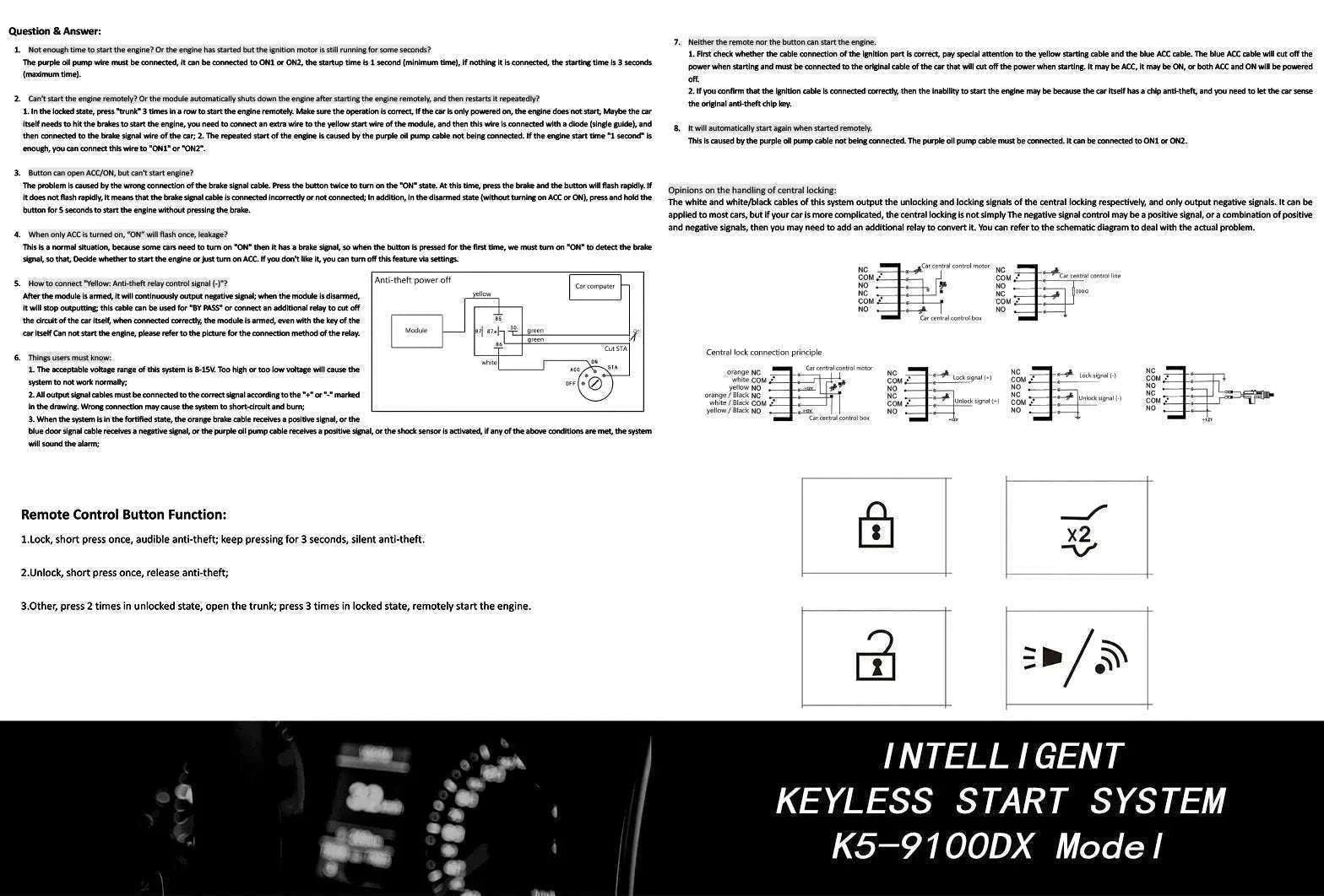 Car Alarm Keyless Entry & Remote Start System with Push Start-K5-9100(FT)