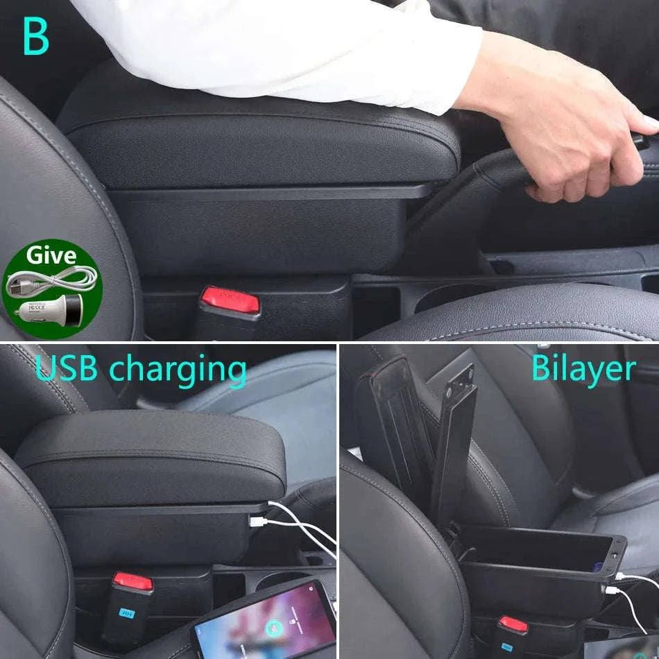 Car Armrest Box for Fiesta MK7 2009-2017-B2 Black line 3USB