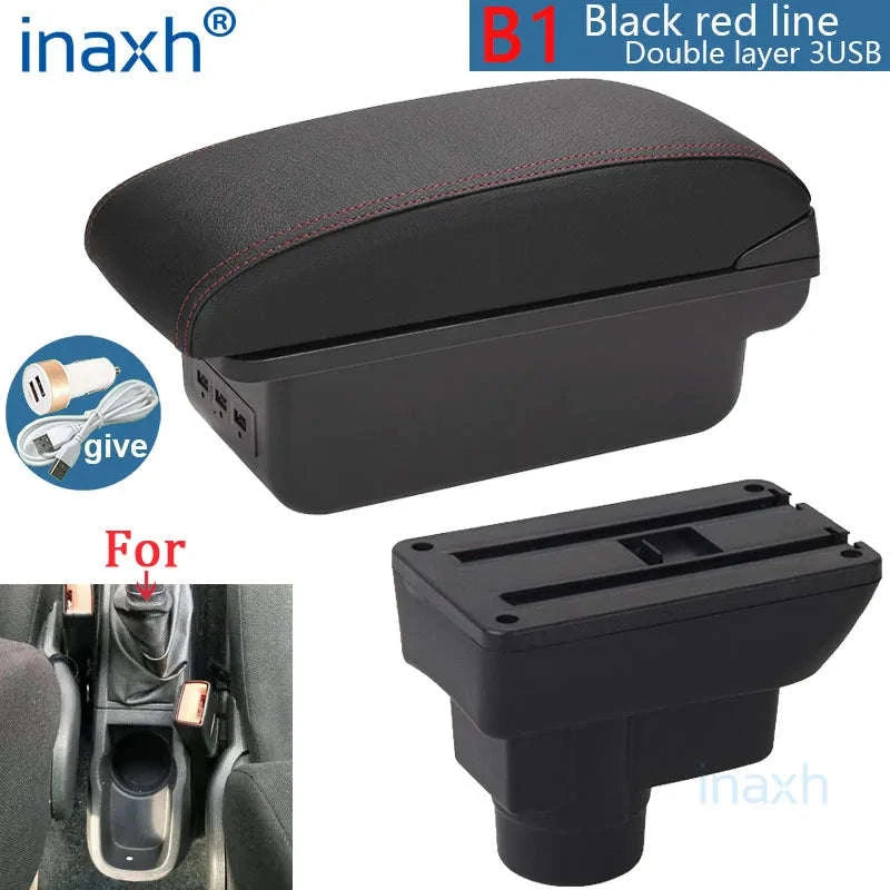Car Armrest Box with Storage for 2011-2019-C1 Black red NO USB