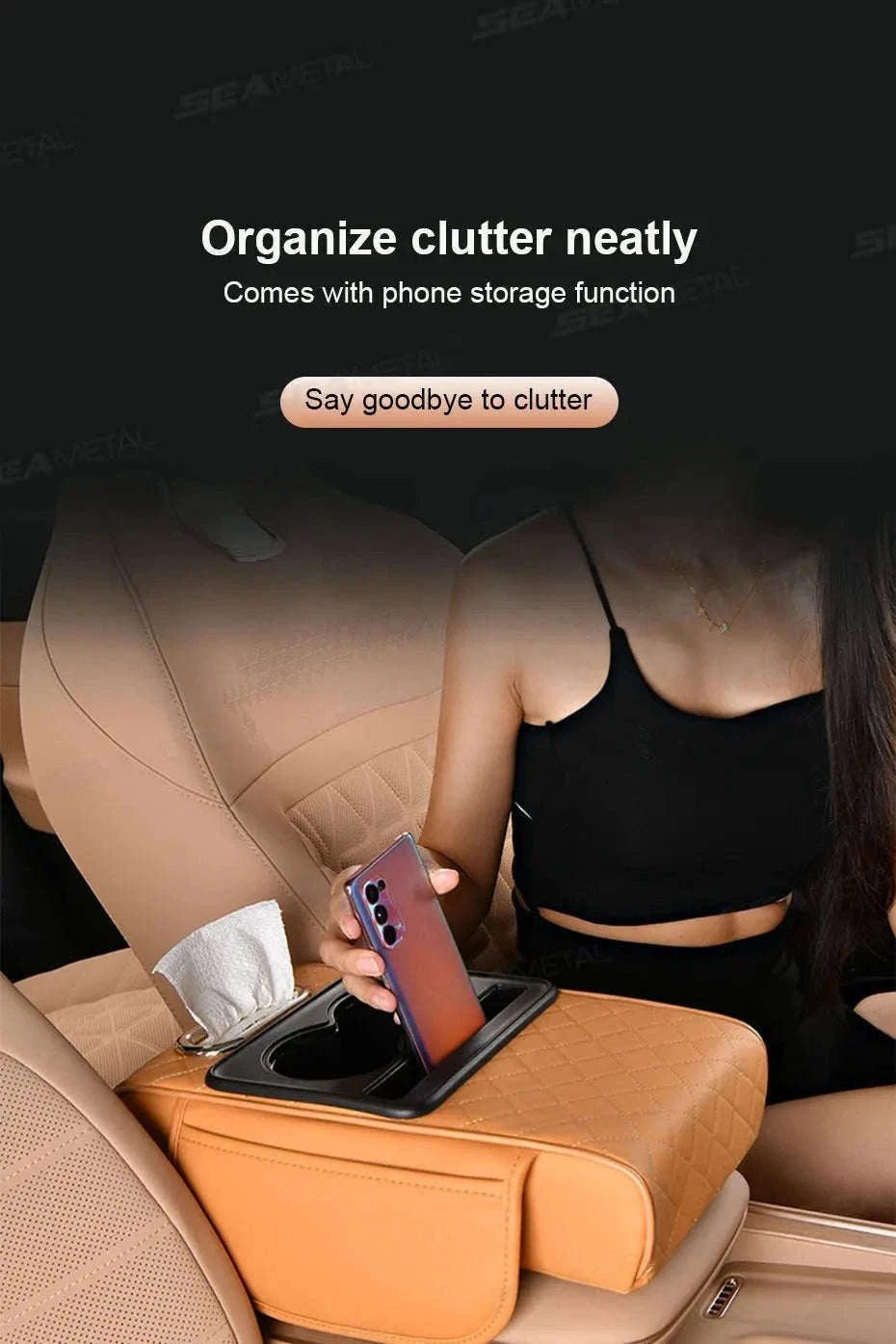 Car Armrest Cushion with Storage Organizer-Black