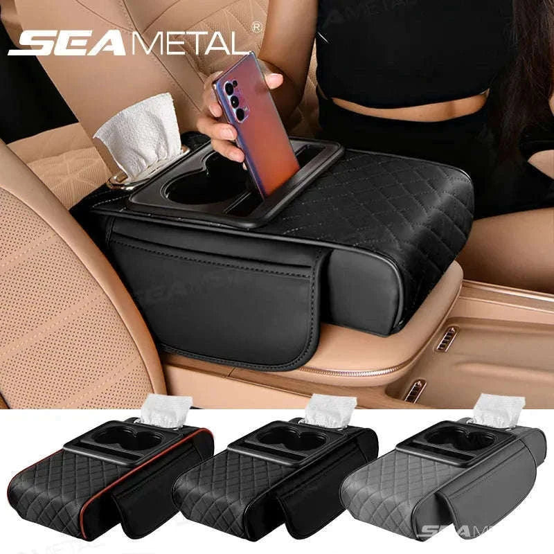 Car Armrest Cushion with Storage Organizer-Black