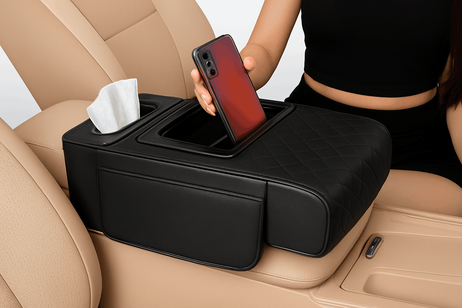 Car Armrest Cushion with Storage Organizer-Black