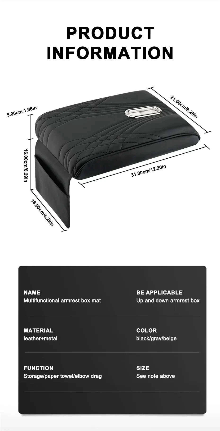 Car Armrest Cushion with Tissue Holder and Storage Pocket-Black