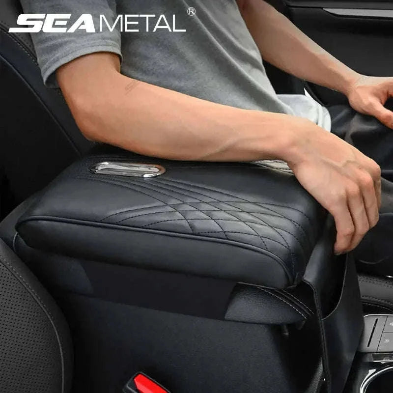 Car Armrest Cushion with Tissue Holder and Storage Pocket-Black