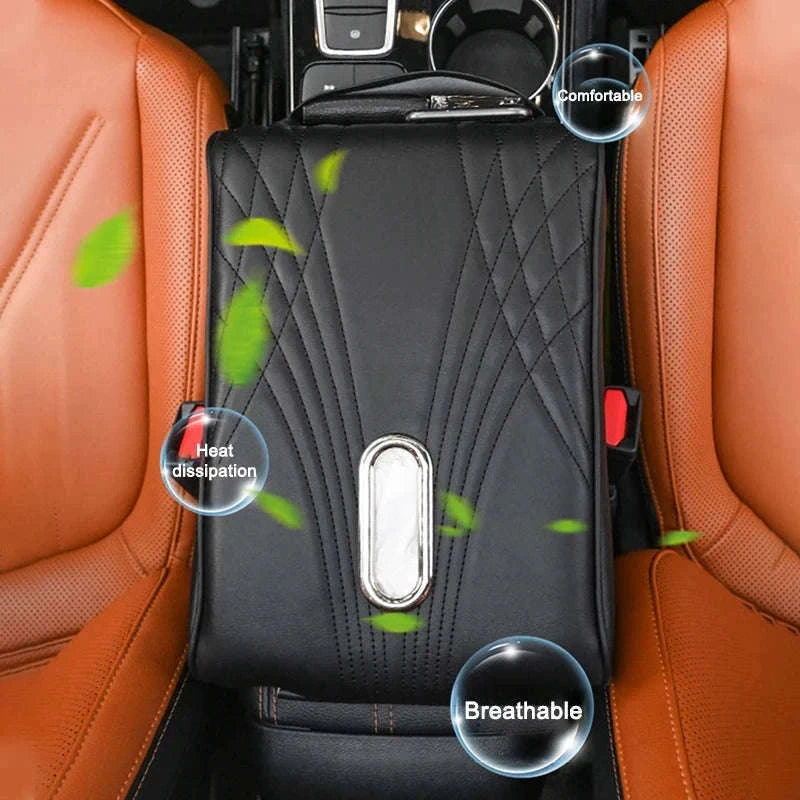 Car Armrest Cushion with Tissue Holder and Storage Pocket-Black