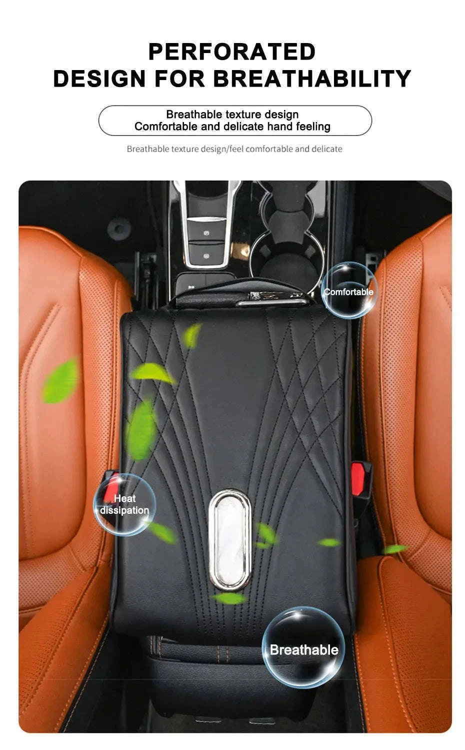 Car Armrest Cushion with Tissue Holder and Storage Pocket-Black