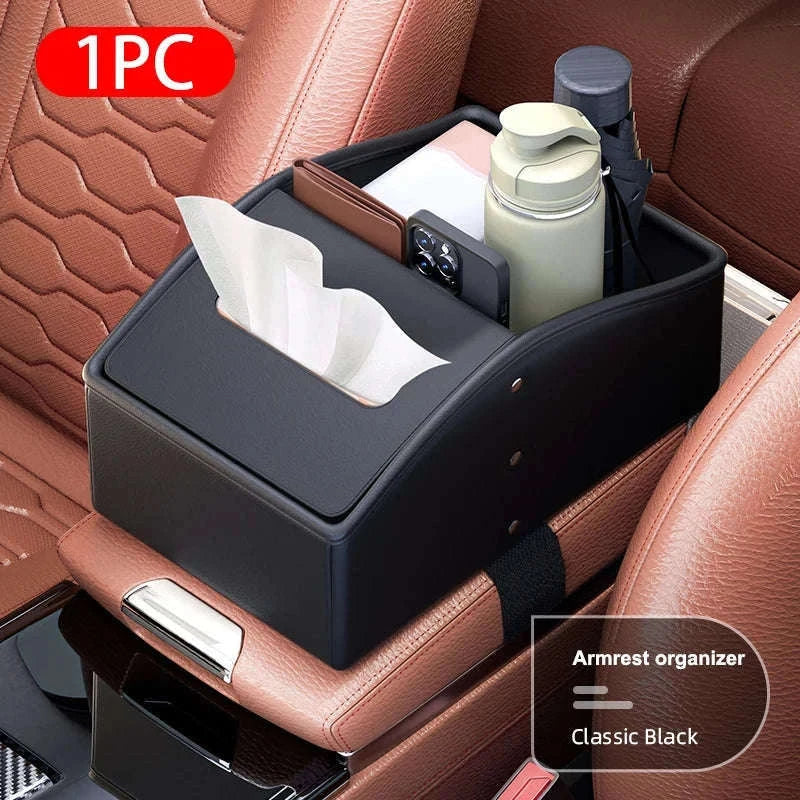Car Armrest Storage Box with Tissue Holder-Red