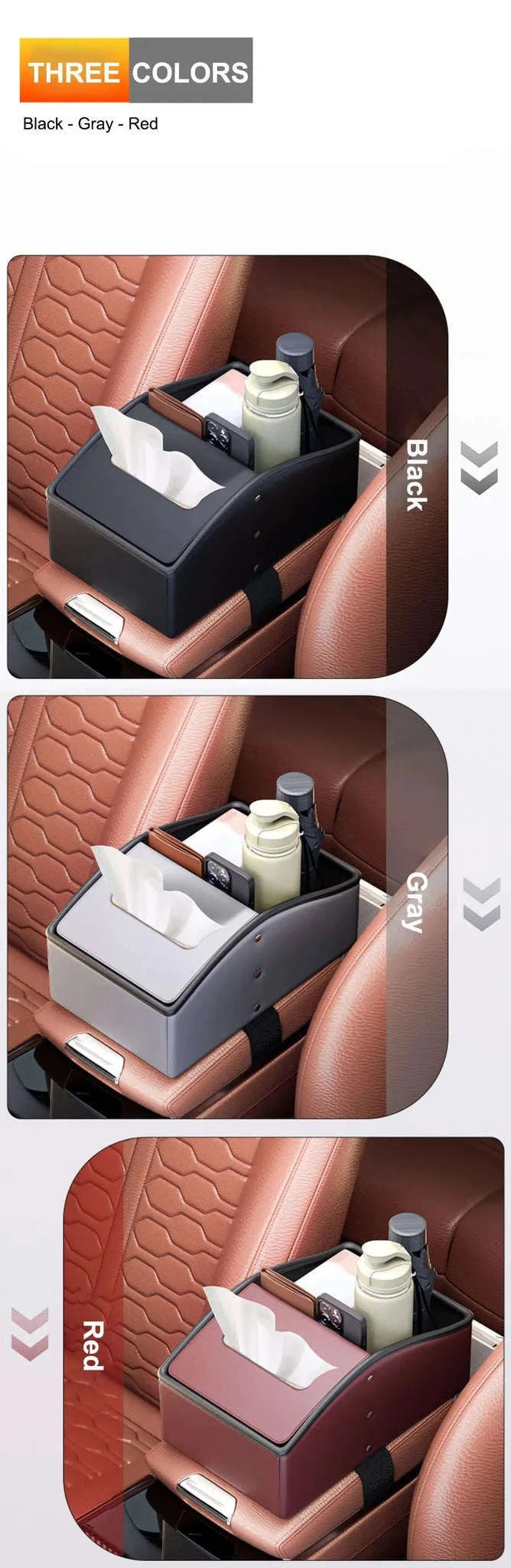 Car Armrest Storage Box with Tissue Holder-Red