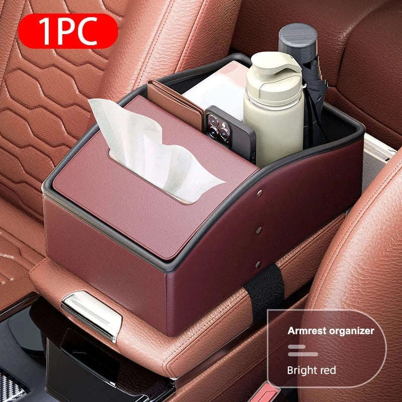 Car Armrest Storage Box with Tissue Holder-Red