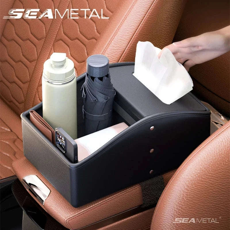 Car Armrest Storage Box with Tissue Holder-Red