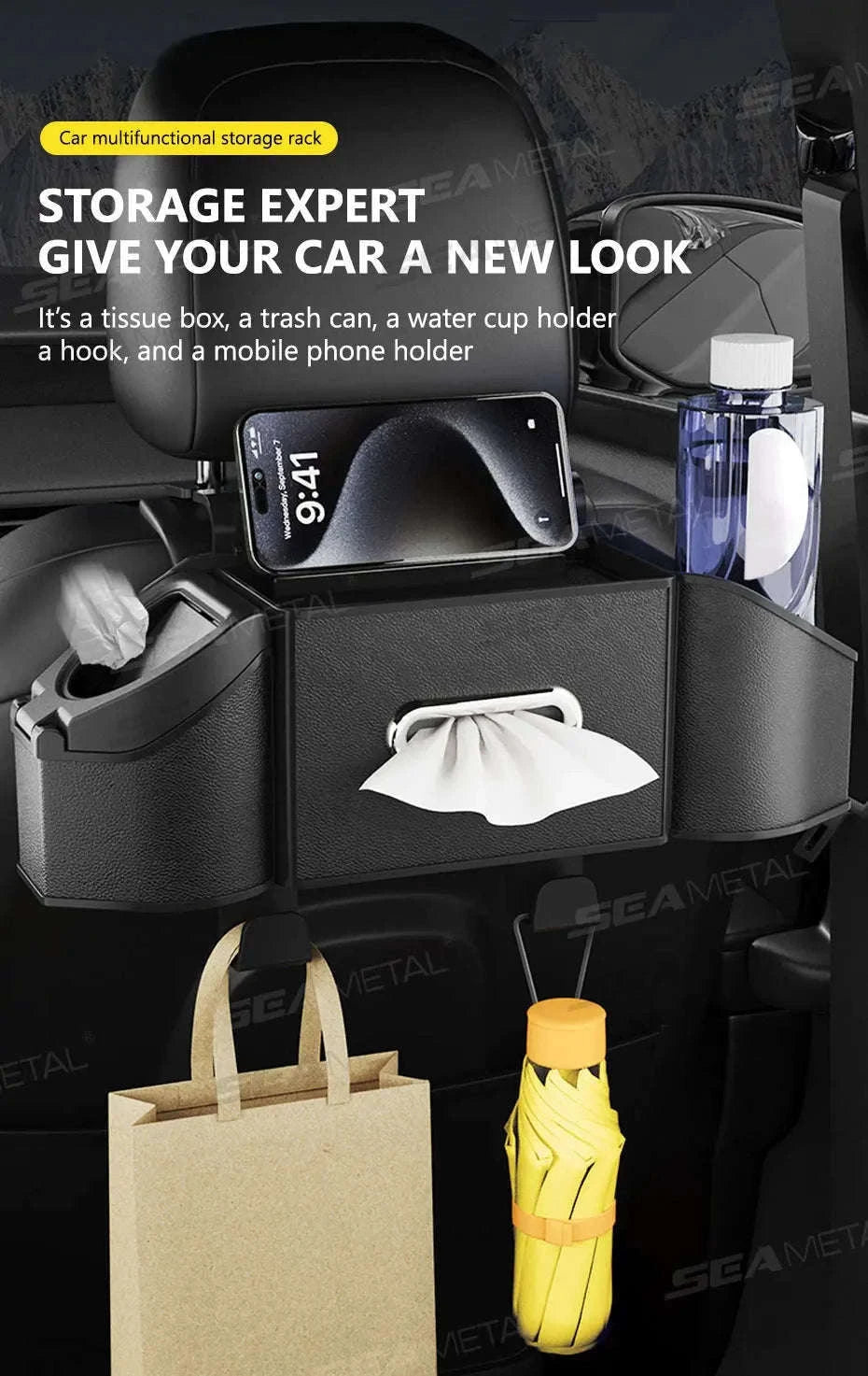 Car Back Seat Organizer with Cup Holder and Hooks-Gray 1pc