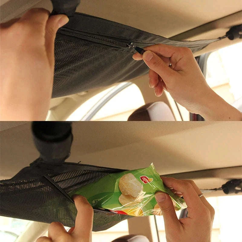 Car Ceiling Storage Net Pocket 80cm x 55cm Hanging Polyester Mesh Organizer with Zipper-1pc Ceiling Pocket