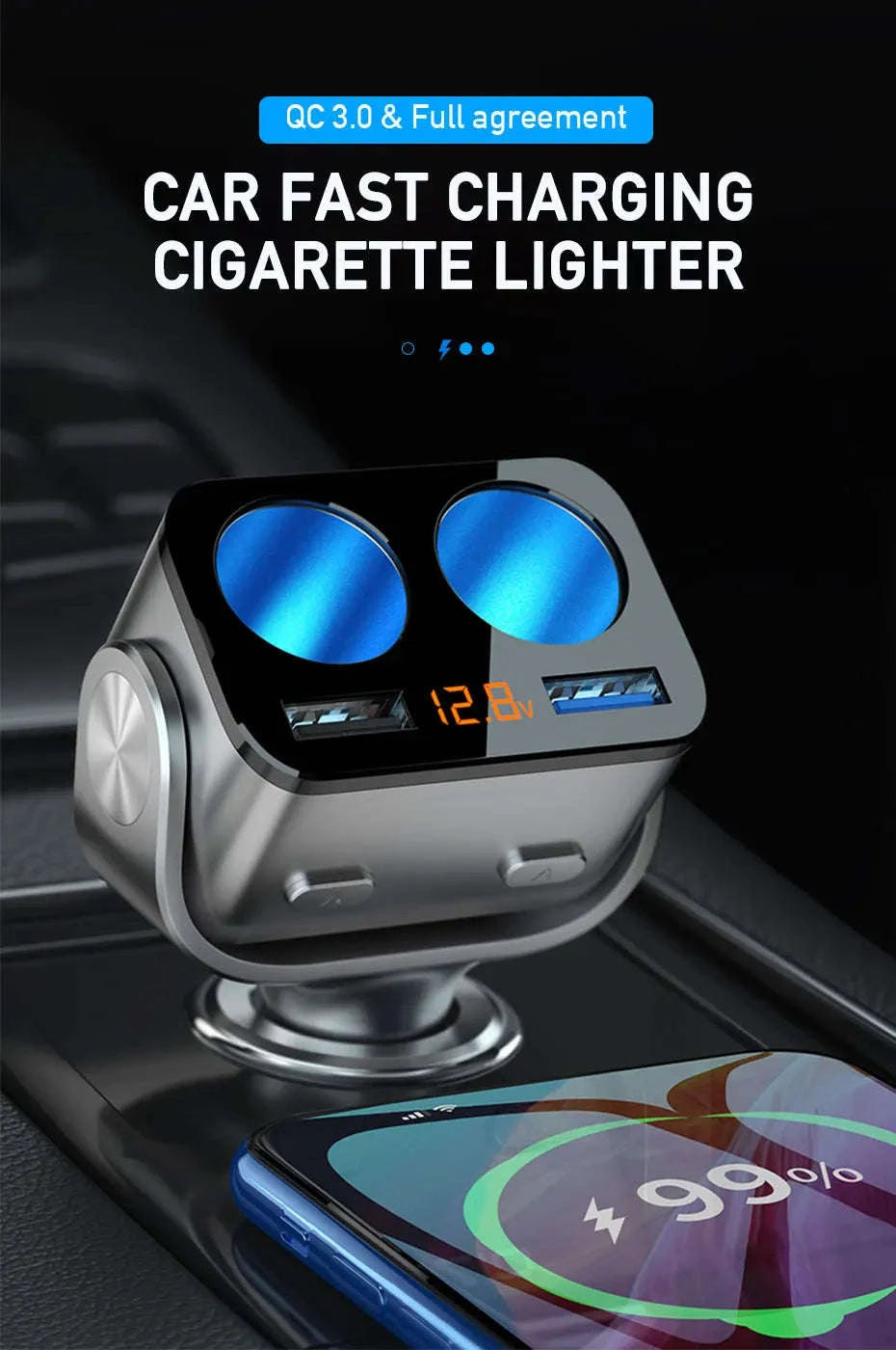 Car Cigarette Lighter Adapter with Dual USB and Dual Socket-Type 2 Black