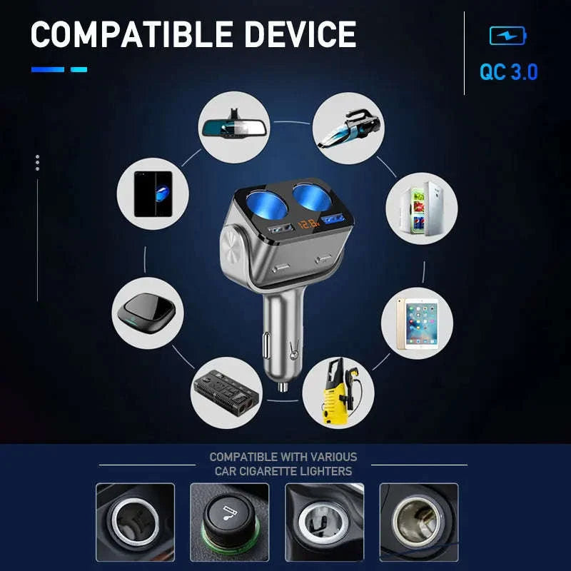 Car Cigarette Lighter Adapter with Dual USB and Dual Socket-Type 2 Black