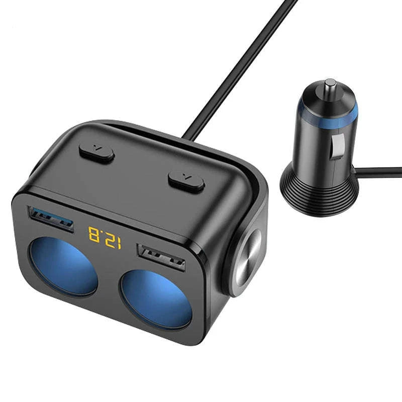 Car Cigarette Lighter Adapter with Dual USB and Dual Socket-Type 2 Black
