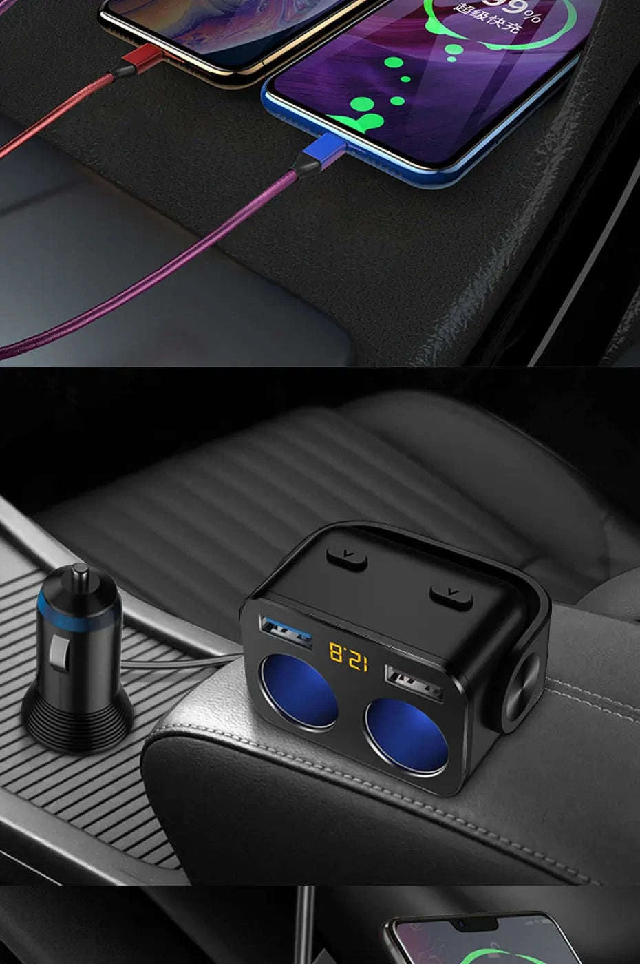 Car Cigarette Lighter Adapter with Dual USB and Dual Socket-Type 2 Black