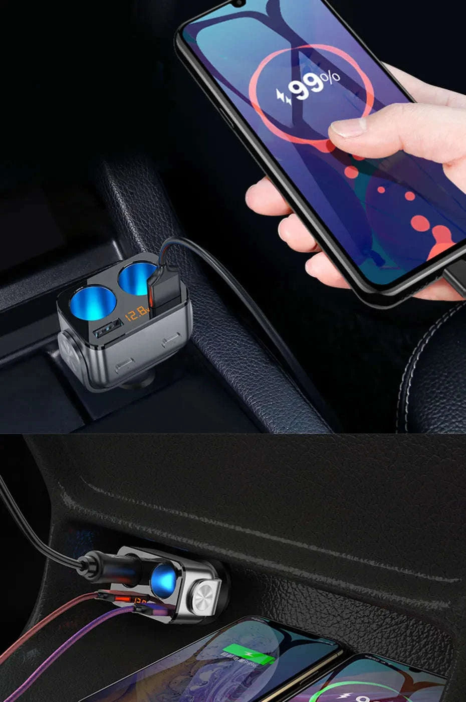 Car Cigarette Lighter Adapter with Dual USB and Dual Socket-Type 2 Black