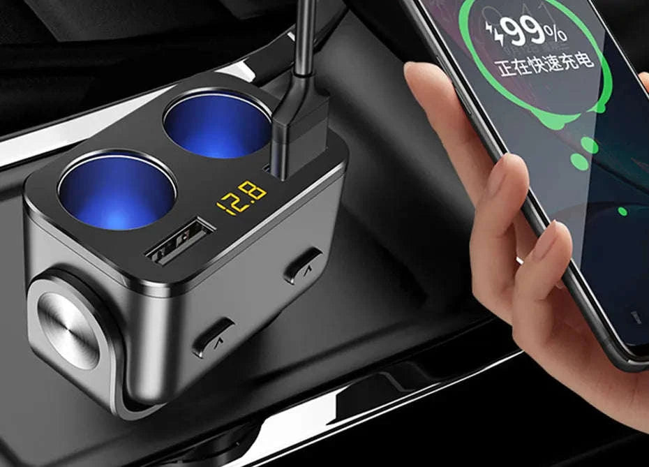 Car Cigarette Lighter Adapter with Dual USB and Dual Socket-Type 2 Black