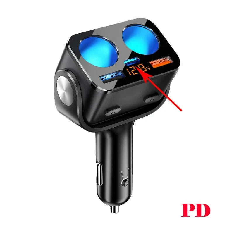 Car Cigarette Lighter Adapter with Dual USB and Dual Socket-Type 2 Black