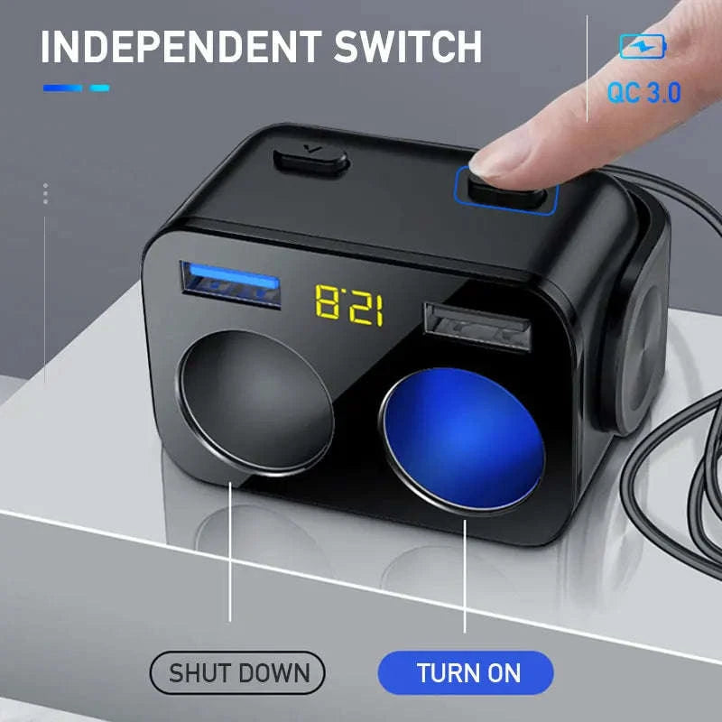 Car Cigarette Lighter Adapter with Dual USB and Dual Socket-Type 2 Black