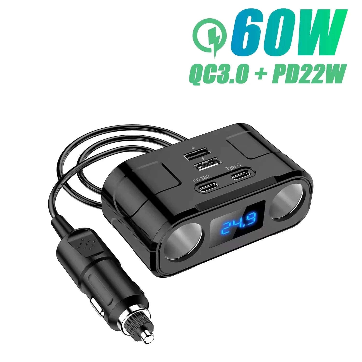 Car Cigarette Lighter Splitter Adapter with Multi-Port USB Charging-B