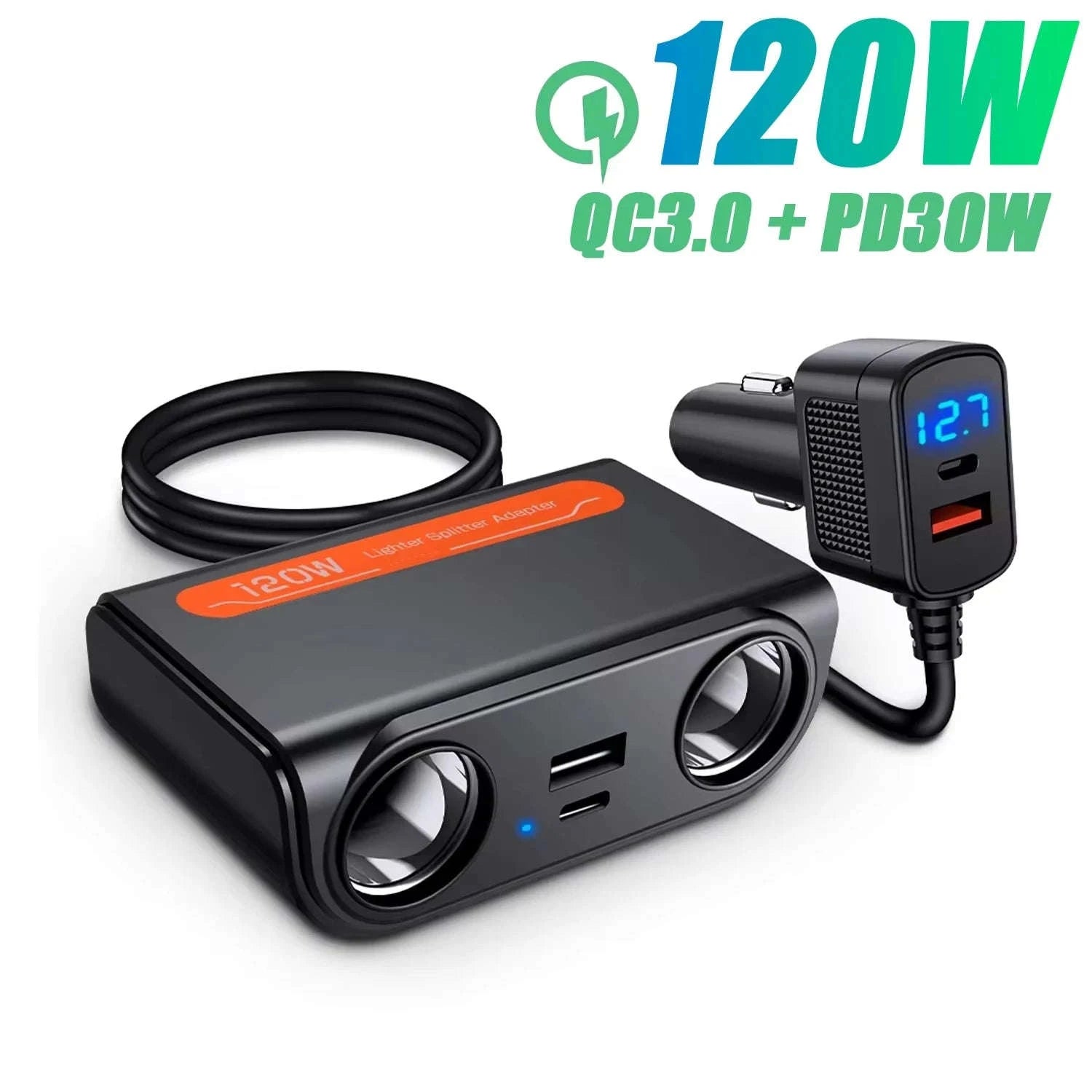 Car Cigarette Lighter Splitter Adapter with Multi-Port USB Charging-B