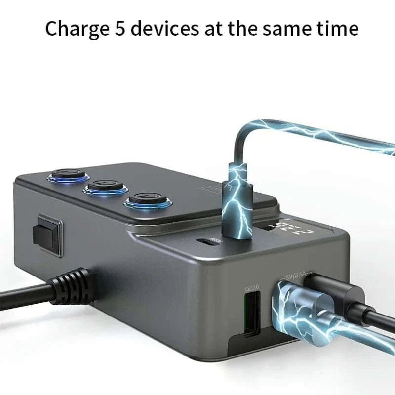 Car Cigarette Lighter Splitter Adapter with Multi-Port USB Charging-B