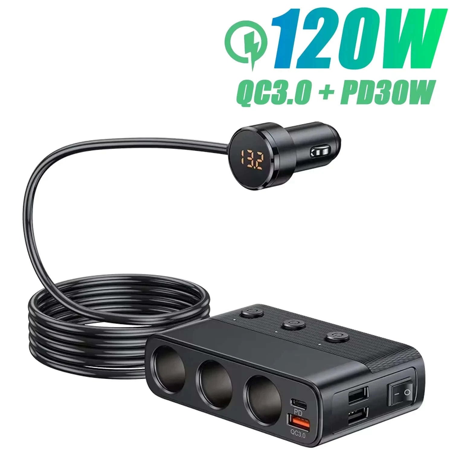 Car Cigarette Lighter Splitter Adapter with Multi-Port USB Charging-B
