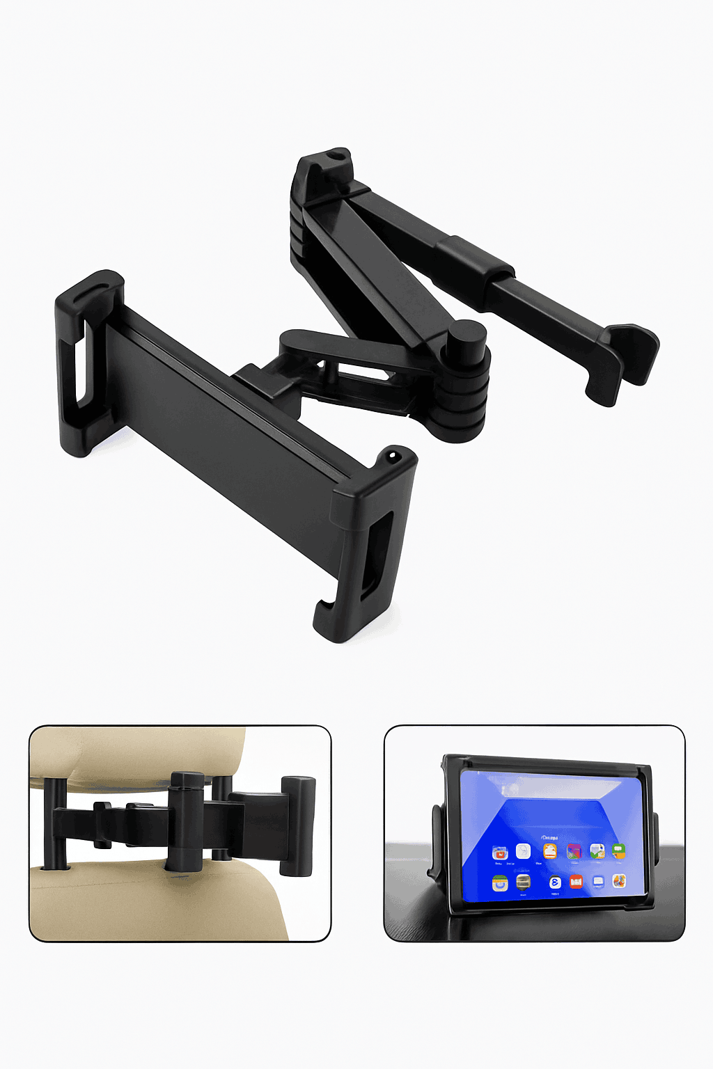 Car Headrest Tablet Holder 360-Degree Rotation Universal 4.7-12.9 Inch Tablet Phone Mount-Black