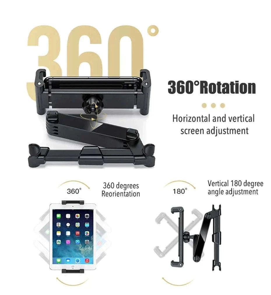 Car Headrest Tablet Holder 360-Degree Rotation Universal 4.7-12.9 Inch Tablet Phone Mount-Black
