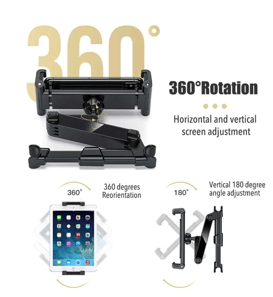 Car Headrest Tablet Holder 360-Degree Rotation Universal 4.7-12.9 Inch Tablet Phone Mount-Black