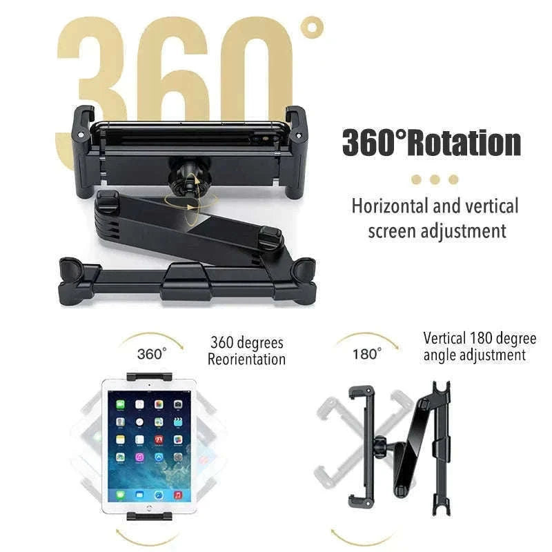 Car Headrest Tablet Holder 360-Degree Rotation Universal 4.7-12.9 Inch Tablet Phone Mount-Black