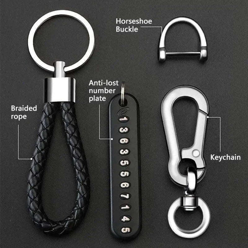 Car Key Ring with Phone Number Plate and Braided Rope-Black