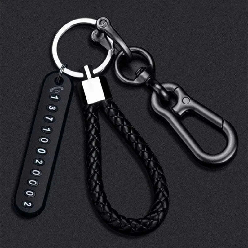 Car Key Ring with Phone Number Plate and Braided Rope-Black