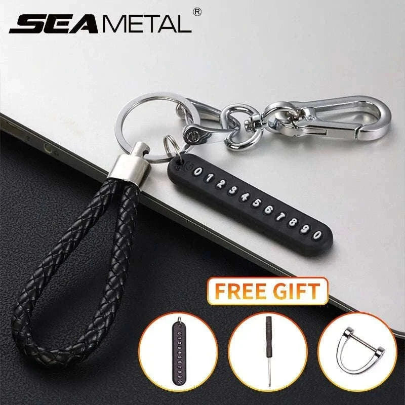 Car Key Ring with Phone Number Plate and Braided Rope-Black