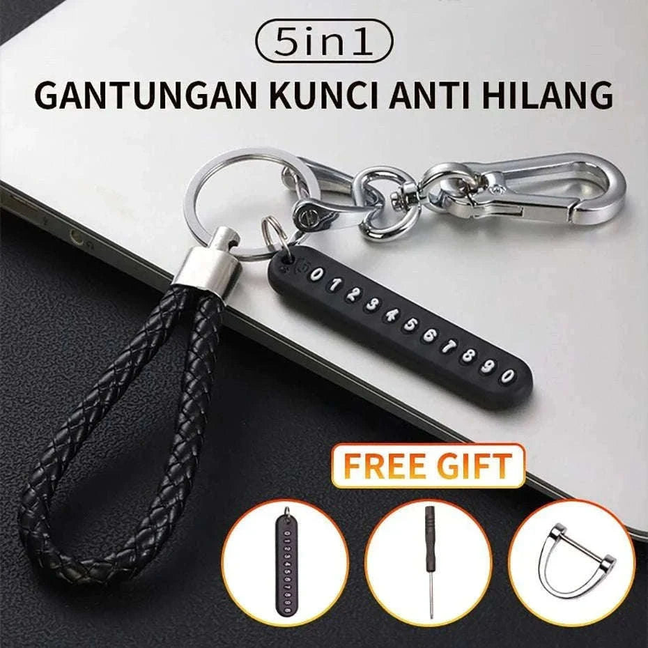 Car Key Ring with Phone Number Plate and Braided Rope-Black