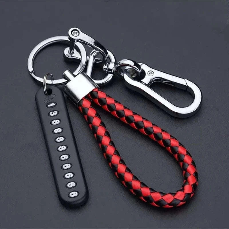 Car Key Ring with Phone Number Plate and Braided Rope-Black