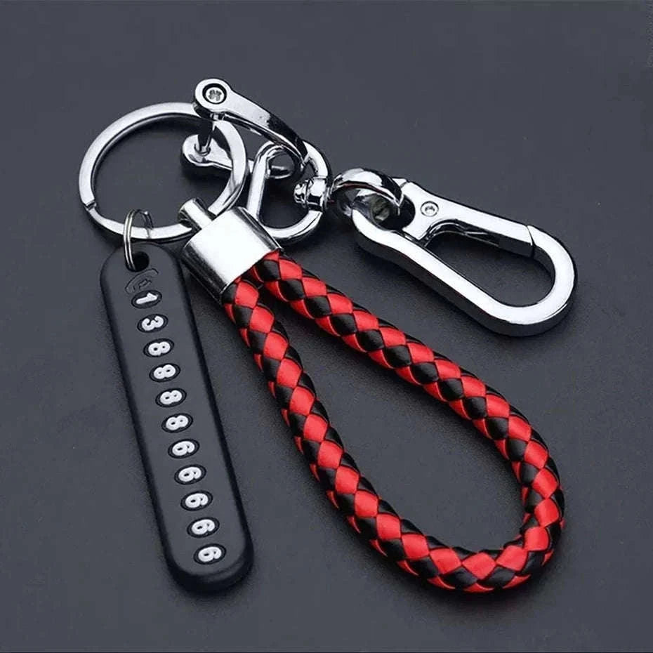 Car Key Ring with Phone Number Plate and Braided Rope-Black