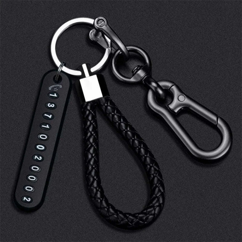Car Key Ring with Phone Number Plate and Braided Rope-Black