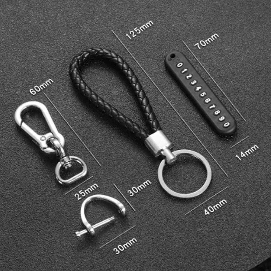 Car Key Ring with Phone Number Plate and Braided Rope-Black