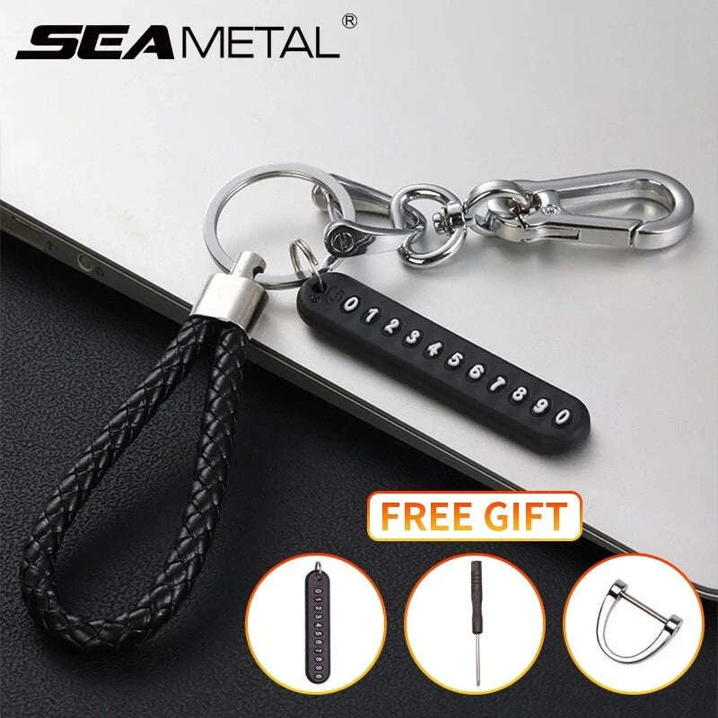 Car Key Ring with Phone Number Plate and Braided Rope-Black