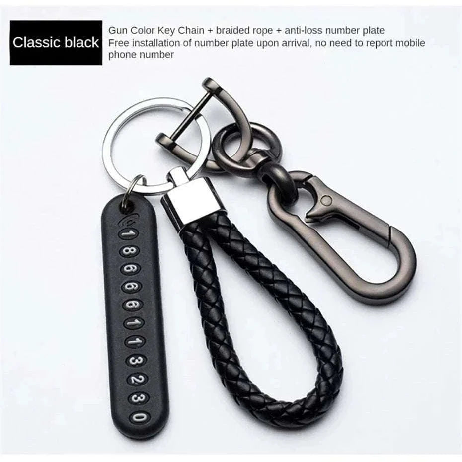 Car Key Ring with Phone Number Plate and Braided Rope-Black