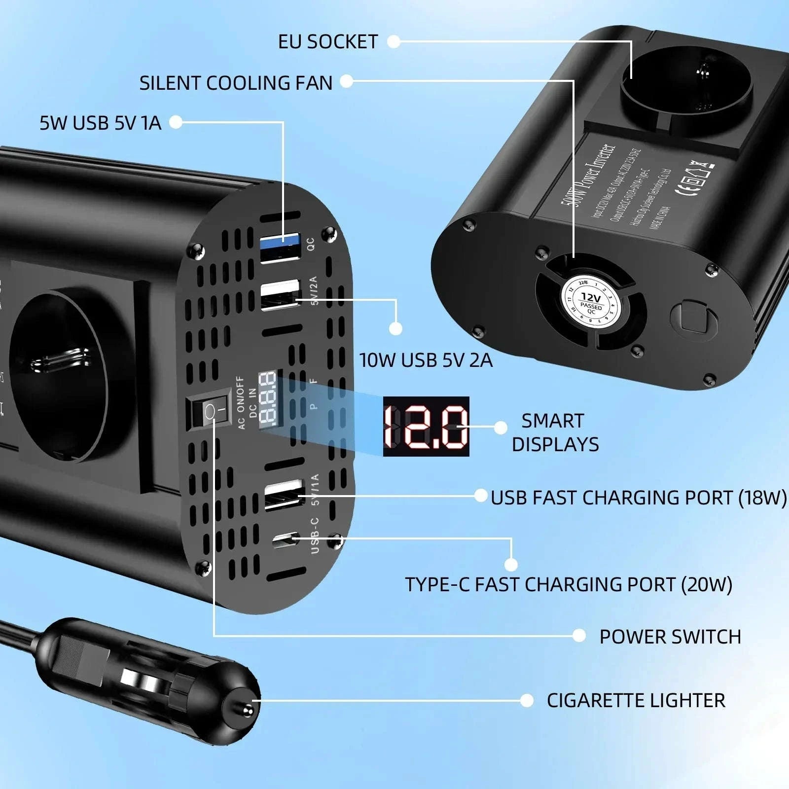 Car Power Inverter 12V to 220V with 3 USB Ports-1500W-TYPEC / China Mainland