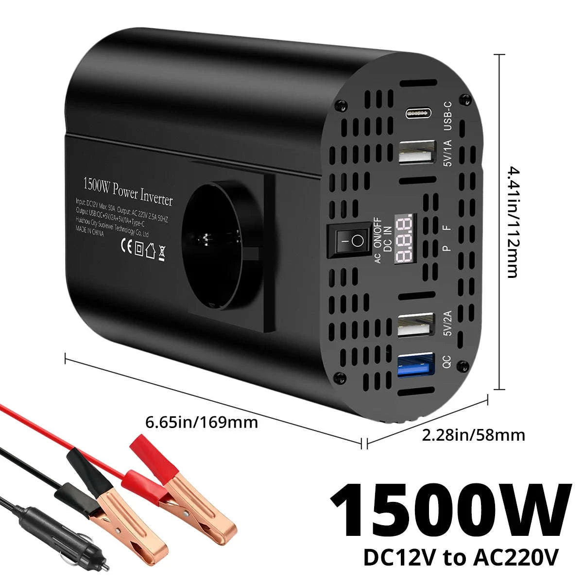 Car Power Inverter 12V to 220V with 3 USB Ports and European Socket-400W-BLACK