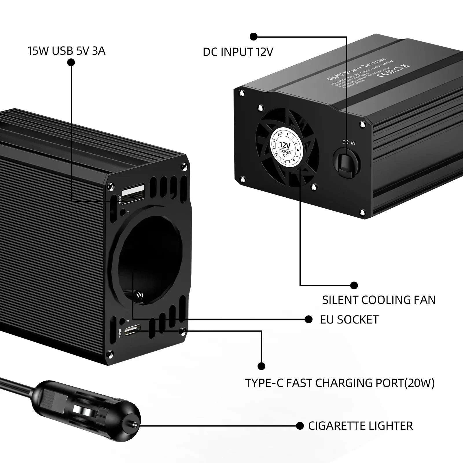 Car Power Inverter 12V to 220V with 3 USB Ports and European Socket-400W-BLACK