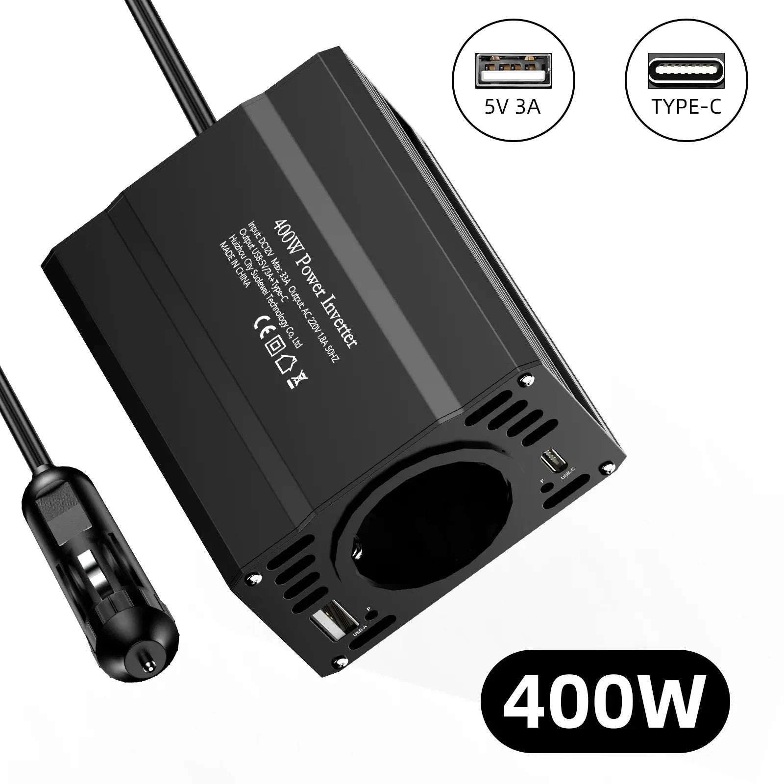Car Power Inverter 12V to 220V with 3 USB Ports and European Socket-400W-BLACK