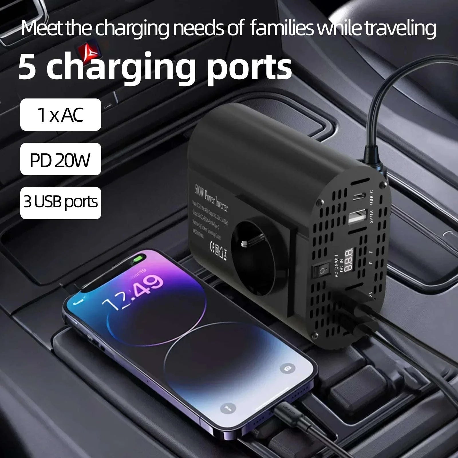 Car Power Inverter 12V to 220V with 3 USB Ports and European Socket-400W-BLACK