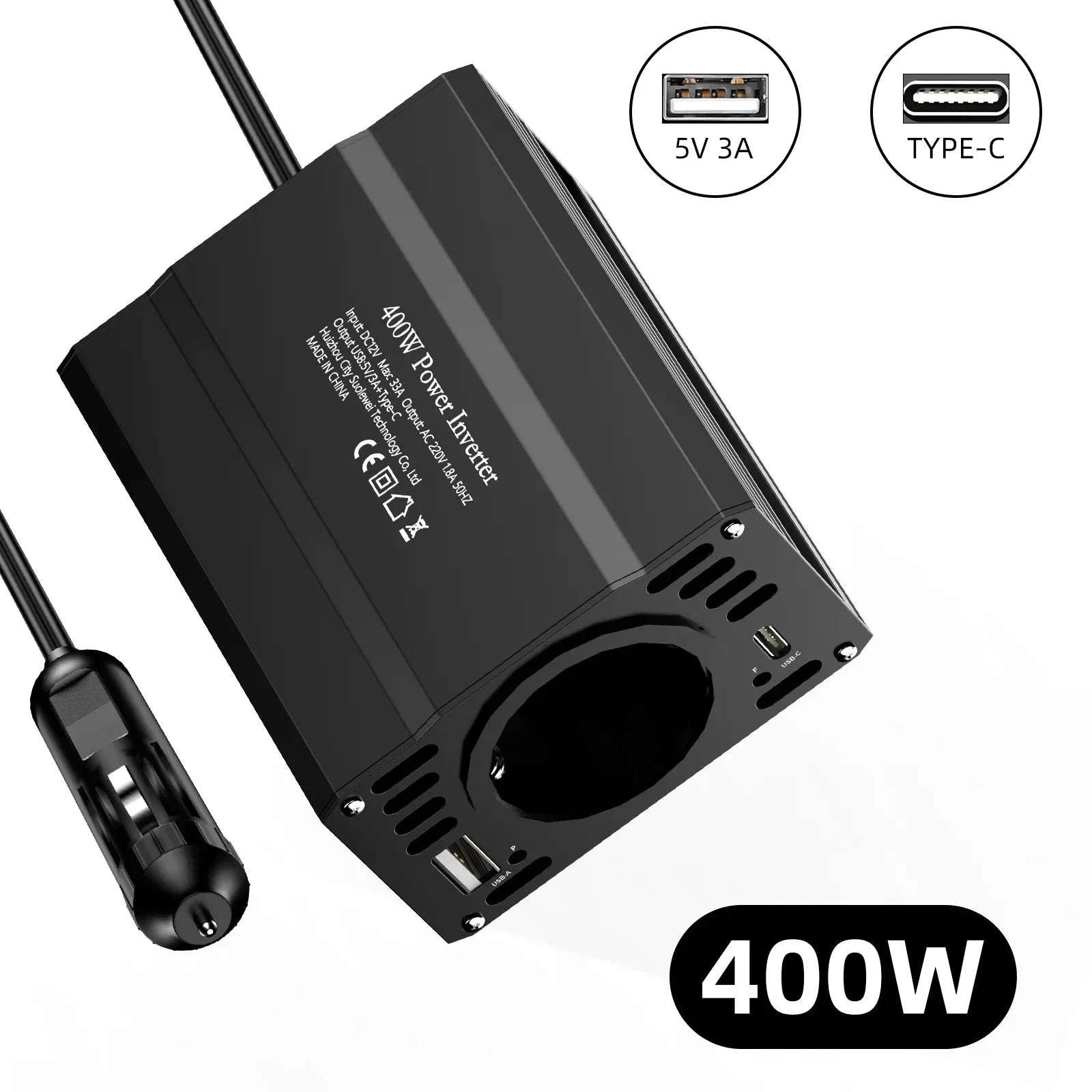 Car Power Inverter 12V to 220V with 3 USB Ports and European Socket-400W-BLACK