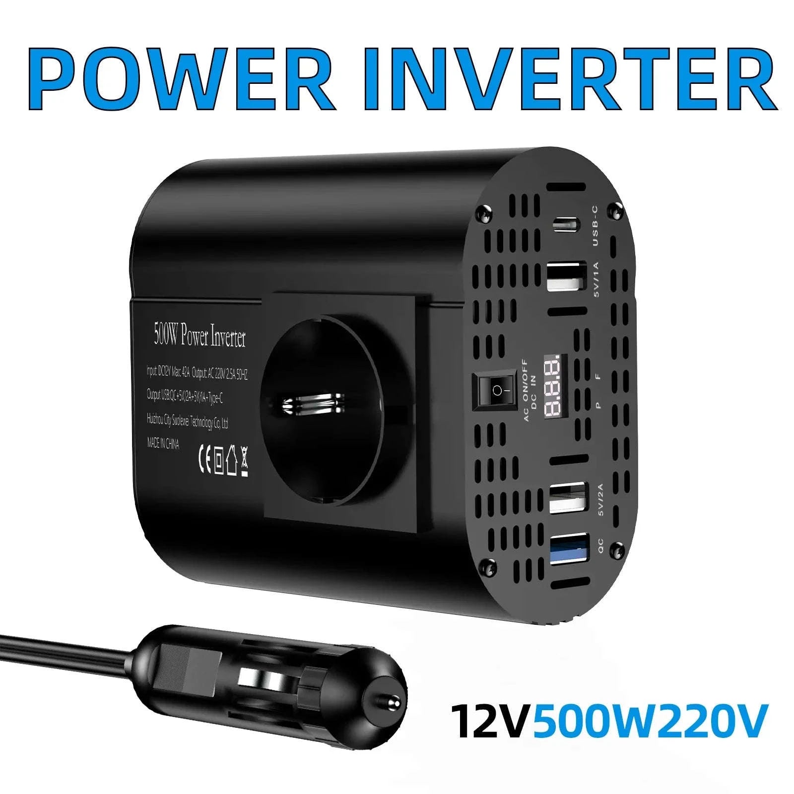 Car Power Inverter 12V to 220V with 3 USB Ports and European Socket-400W-BLACK